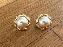 Vintage Ohrclips mit Perlen und Strass goldfarben