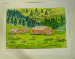 E. Inauen Obergruben Bauernhaus mit Kühen Naive Zeichnung