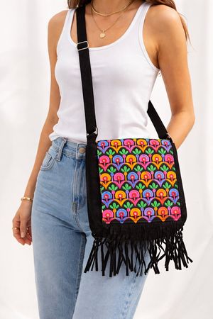 Schultertasche Fransen Tasche Umhängetasche Hippie Schwarz