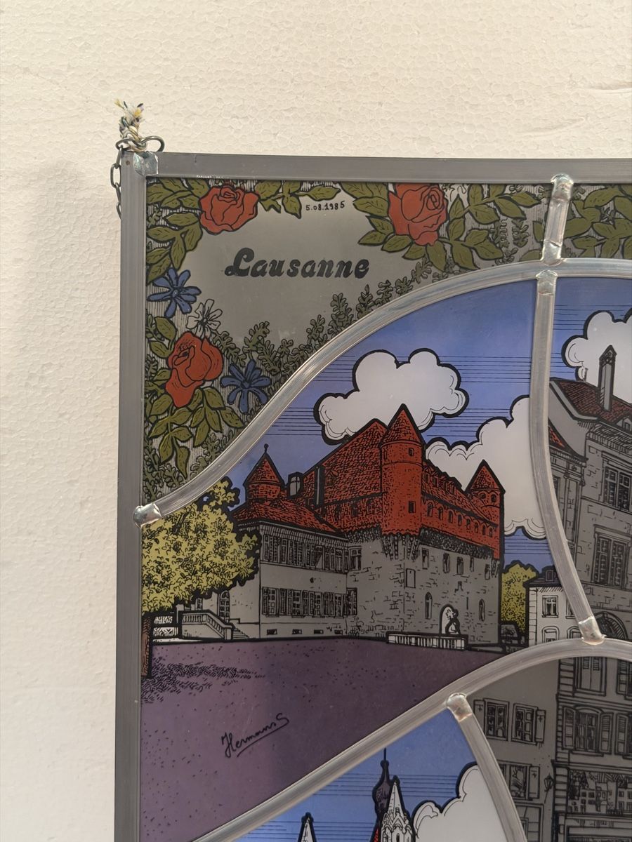 Bicchieri: Stained glass panel Lausanne city views – Usato da Lausanne venduto da artnouveau05 1