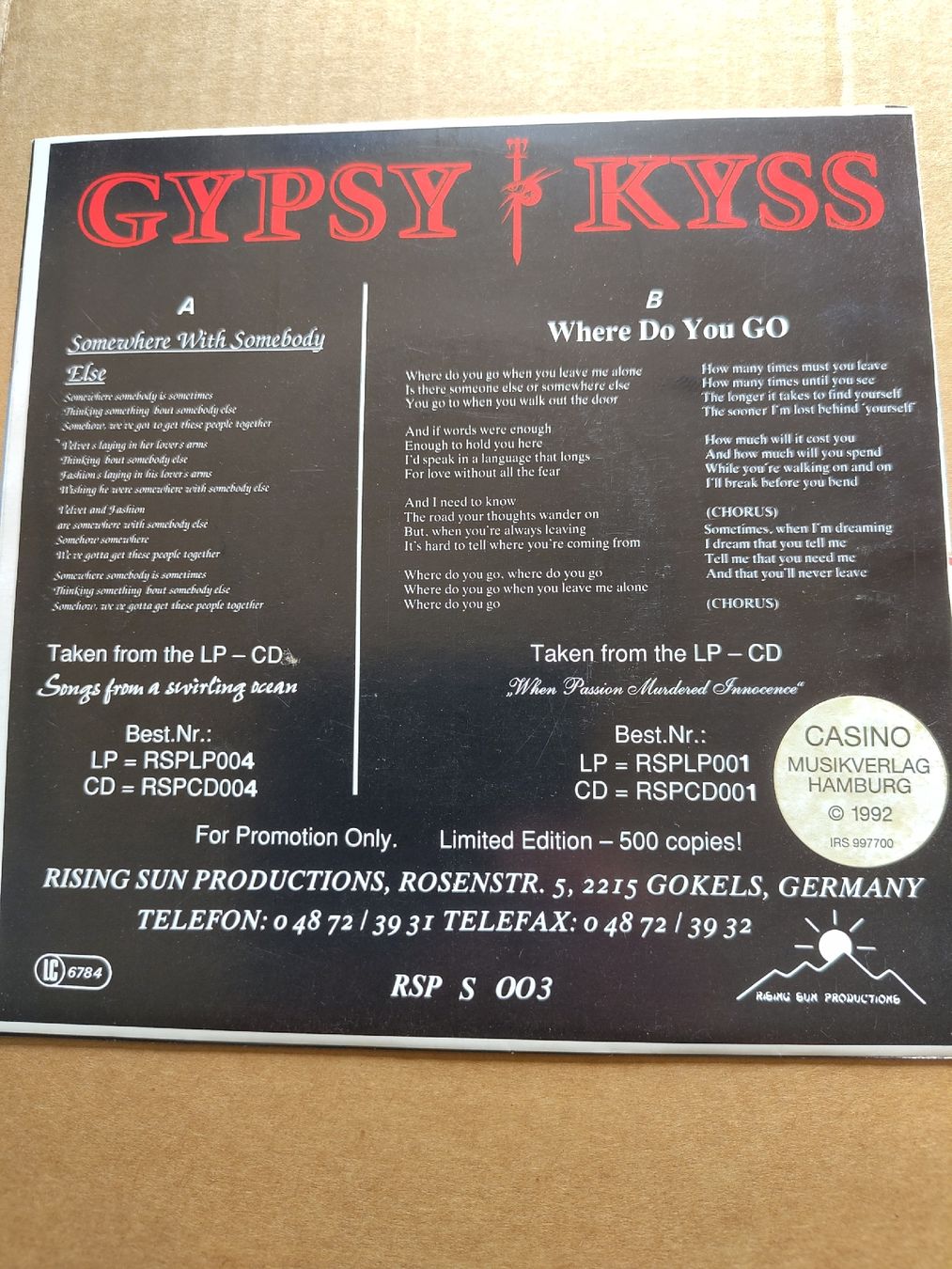 Dischi in vinile: Gypsy Kyss - Somewhere With Somebody Else 7" Promo Single – Usato da Büsserach venduto da Bey23 1