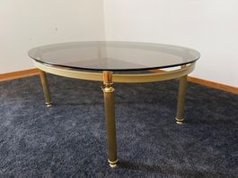 Vintage Couchtisch Rauchglas Gold – oval – Hollywood Regency