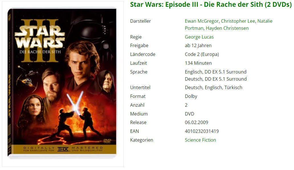 Tutti i DVDs: Star Wars: Episode III - (2 DVDs) – Usato da Buchrain venduto da Sssschaller