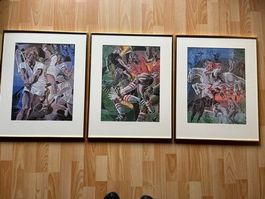 3 Hans Erni Sport Bilder mit Passpartout hinter Glas