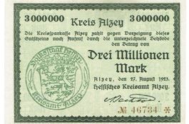 Alzey Kreis 3 Mil.Mark+Stempel 27.08.1923 VZ++-UNZ