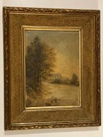 Jehl 1897 Landschaftsgemälde signiert mit Fischer am Fluss