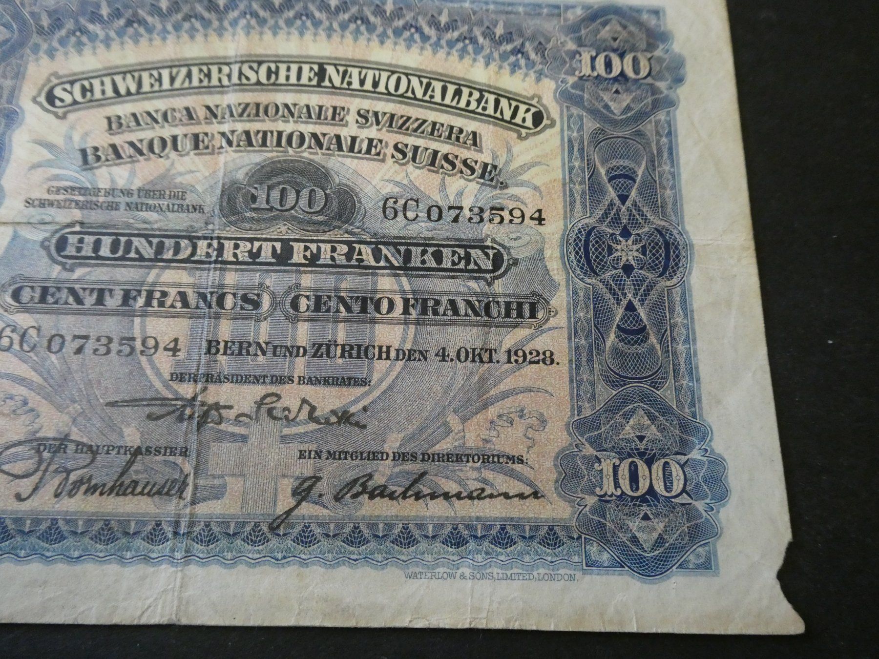 Banconote: Schweiz 1928, 100 Franken – Usato da Hinterforst venduto da rohusri 2