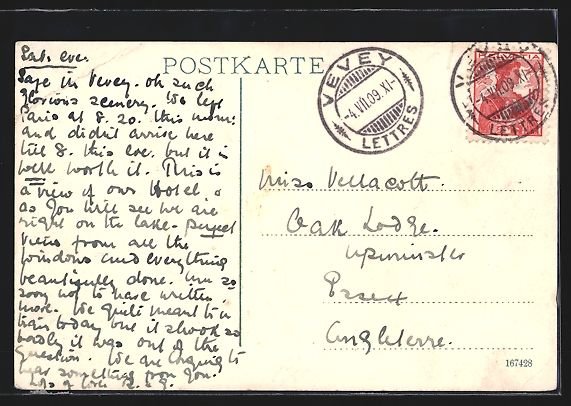 Cartoline postali: AK Vevey, Hotel d'Angleterre, 1909 – Usato da Berlin venduto da bartko-reher 1
