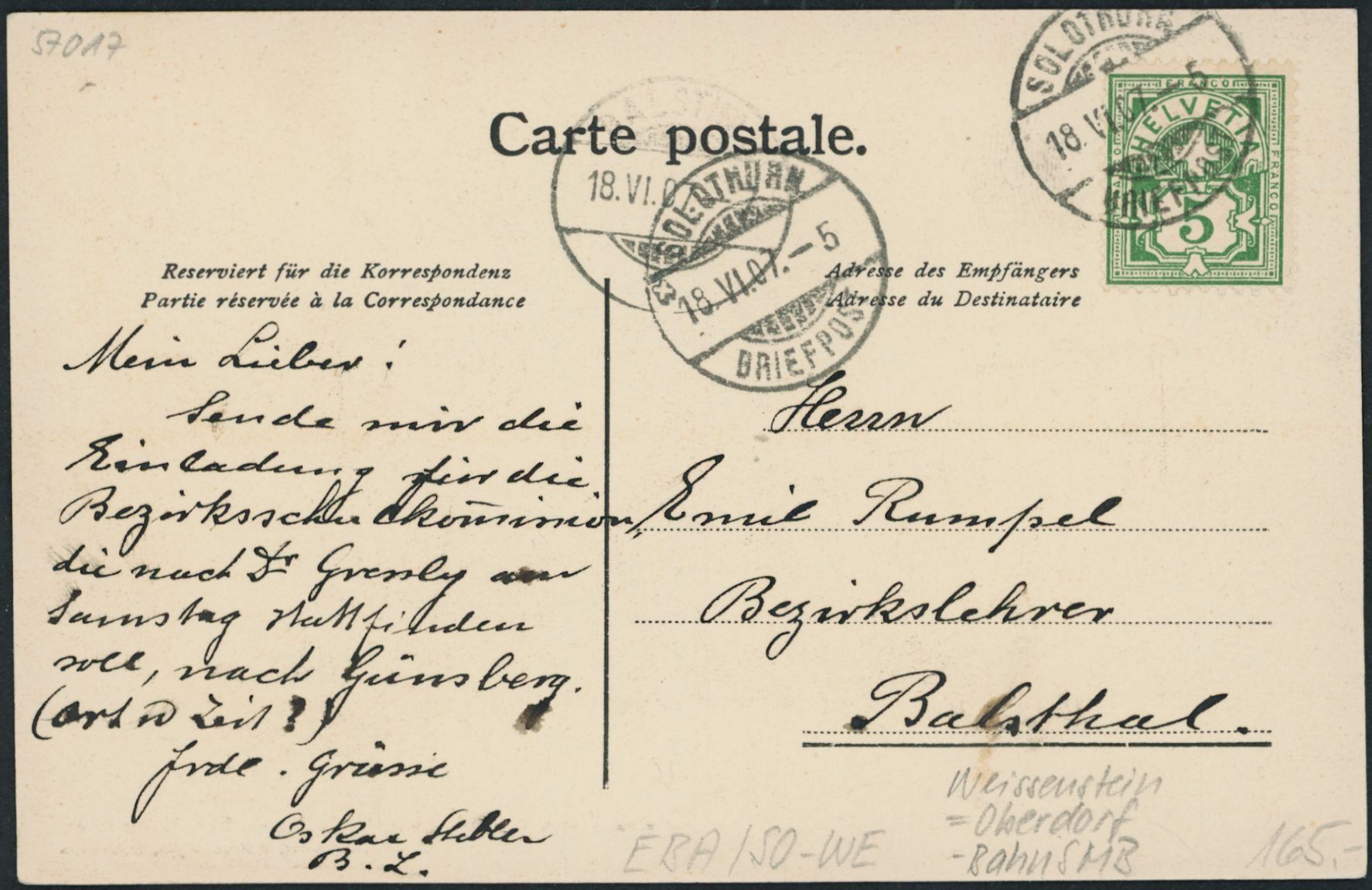 Cartoline postali: SO Weissenstein - Bahn SMB - Oberdorf – Usato da Schindellegi venduto da Jonathan77 1