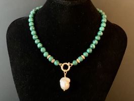 Genuine Malachite & Baroque Pearl Necklace - Gold Plated