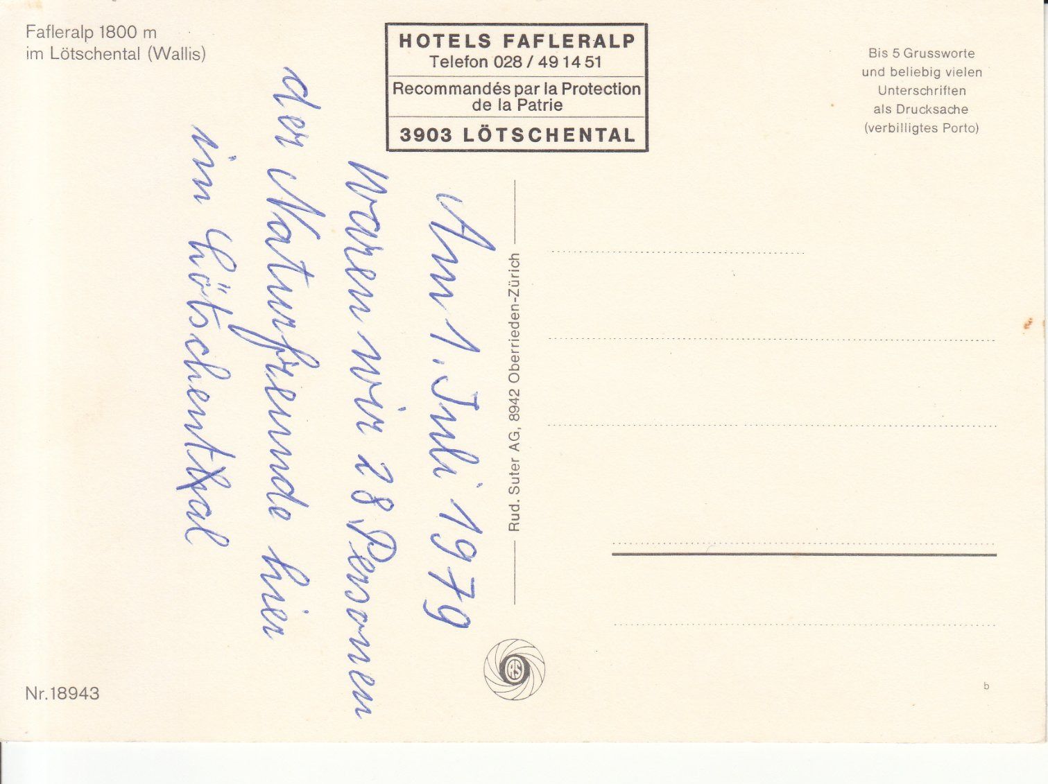 Cartoline postali: Fafleralp 1979 – Usato da Bürglen TG venduto da StampGraf 1
