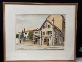 Aquarelle de René Zwahlen - Place du Petit Saconnex, Genève