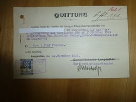 Langenthal, Quit. Einwohgemeind, Fr. 5.- Fiskalmarken1924