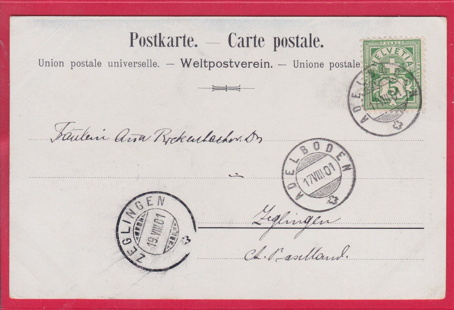 Cartoline postali: ADELBODEN, 17.8.1901 – Usato da Oberrieden venduto da Gebirgsstelze 1