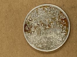 SVIZZERA 1/2  FR MONETA IN ARGENTO 1955 usata - circolata