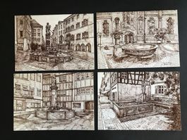 Karte Karten Blankokarten Zeichnungen von 4 Brunnen, 4 Stk