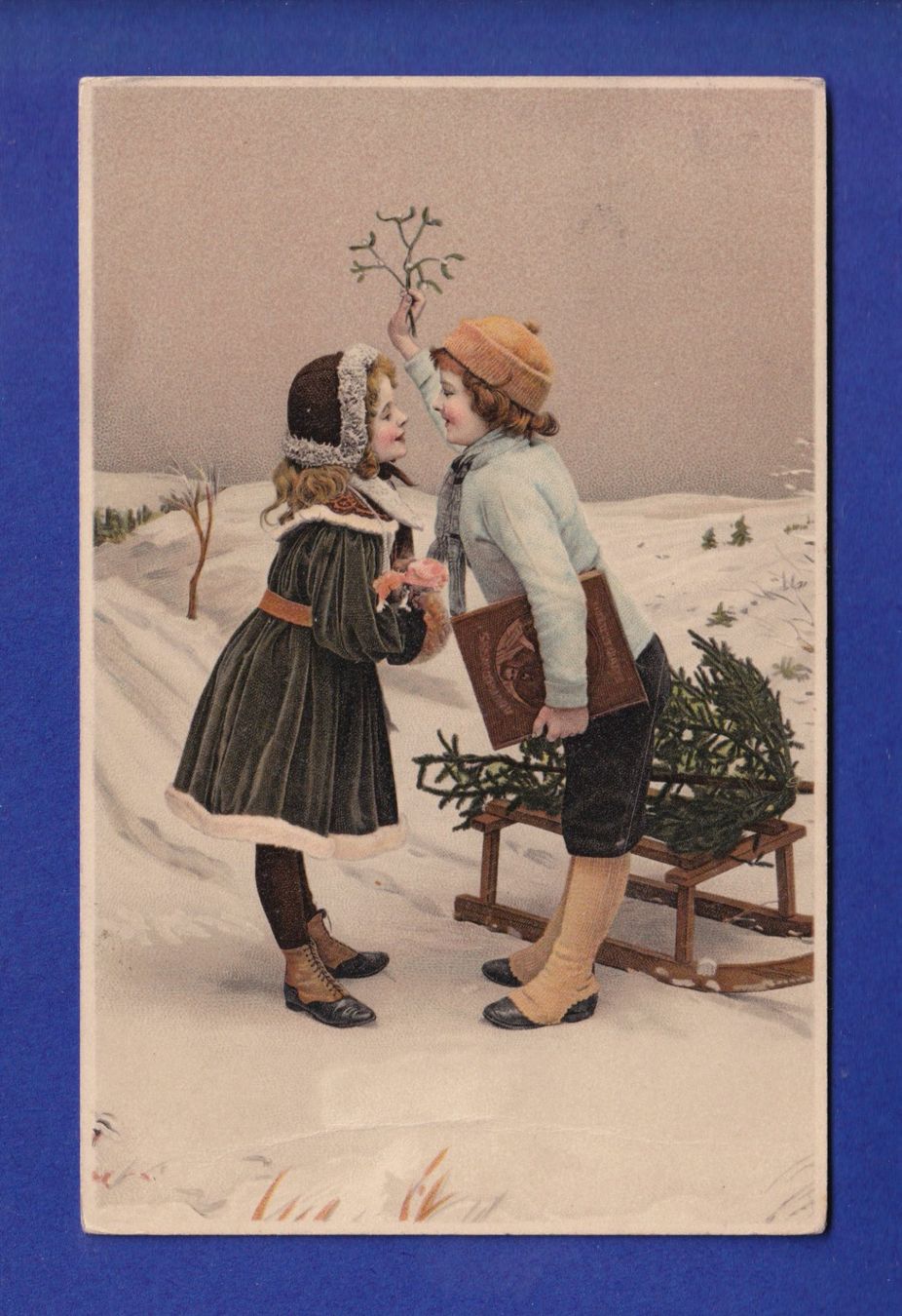 Cartoline postali: ENFANT - Sous le gui à la neige – Usato da Pully venduto da nicecards-shop