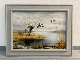 88x69/ Brutsche/ Ölgemälde Enten über See,Winterlandschaft