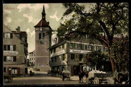 AK Arbon, Strassenpartie mit Kirchturm und Gasthof Zum Rothe
