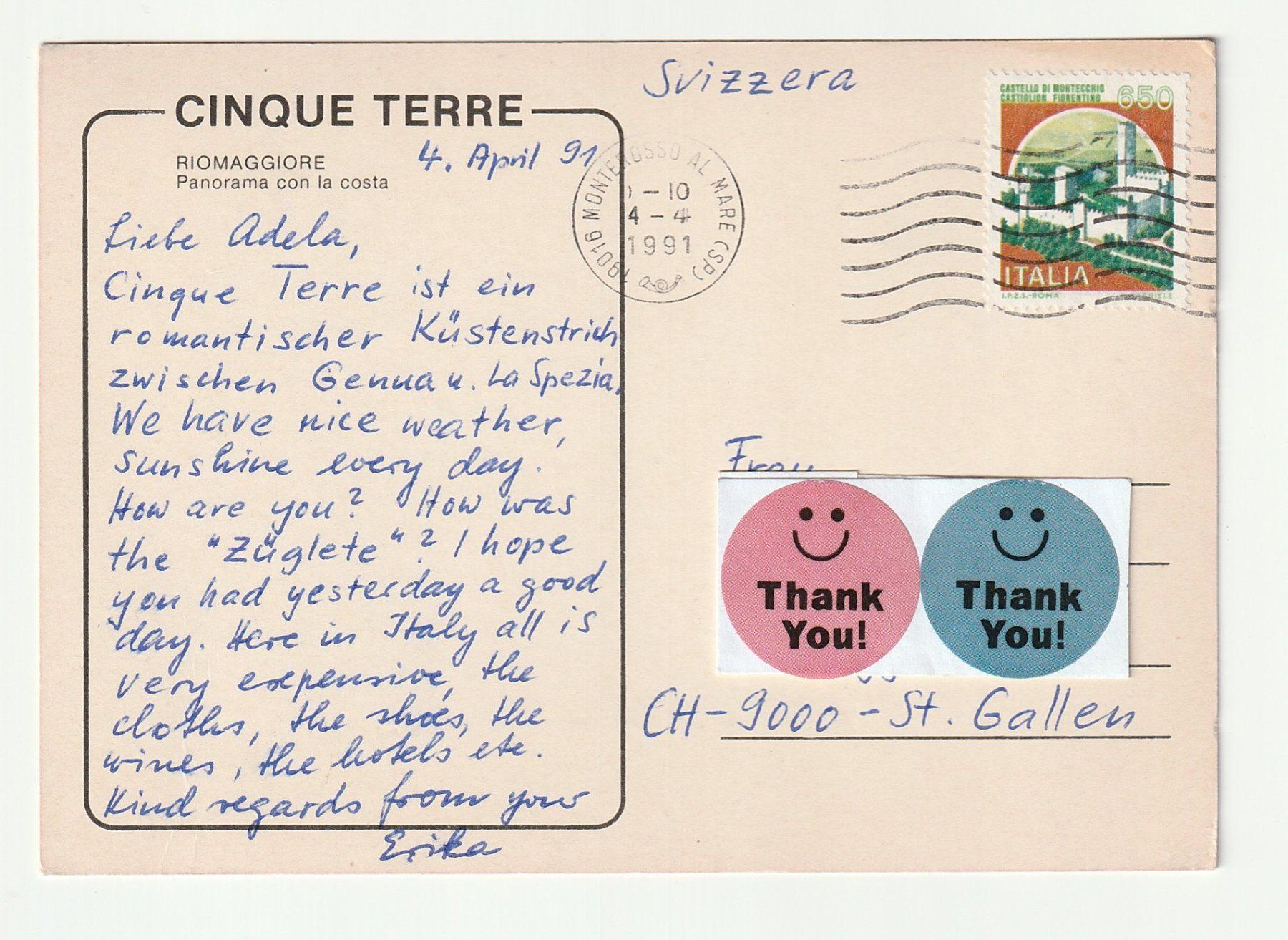 Cartoline postali: Ansichtskarte Cinque Terre, Riomaggiore 1991 – Usato da St. Gallen venduto da Ricardo_Deals 1