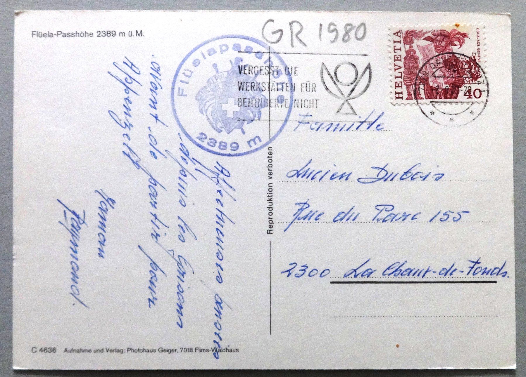 Cartoline postali: Flüela-Passhöhe 2389 m ü.M. – Usato da Fétigny venduto da Billy2miny 1