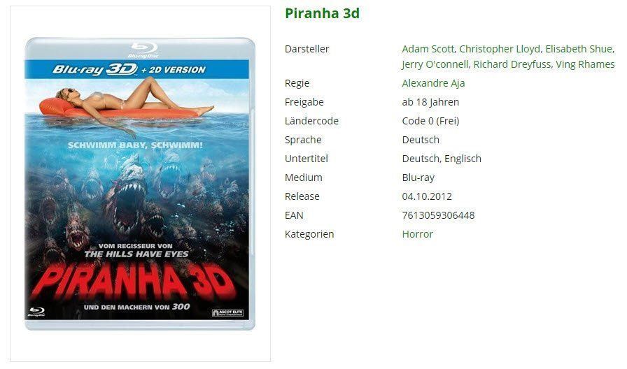 Tutti i DVDs: Piranha 3D - Blu-Ray – Usato da Buchrain venduto da Sssschaller