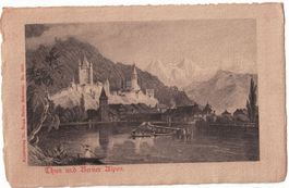 Thun und Berner Alpen, alter Stich, gelaufen erst 1958