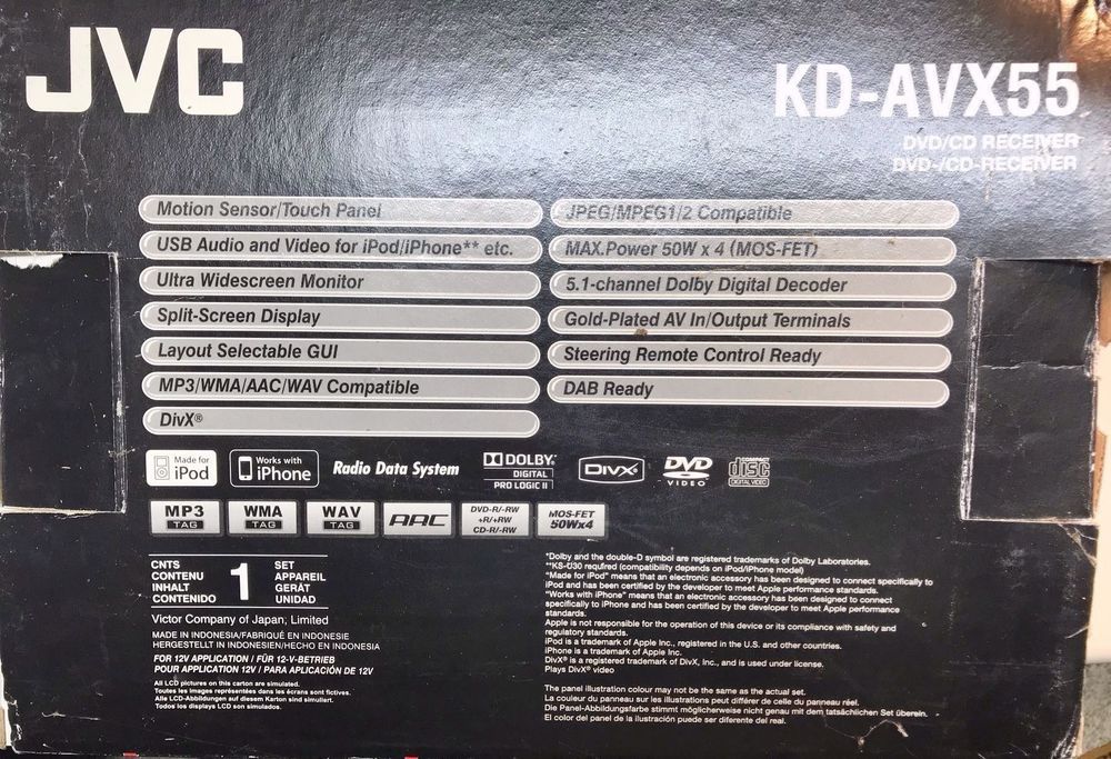 JVC KD-AVX55 Autoradio - Taille de l'écran: 5 pouces, Autoradio,  Amplificateur, Changeur, canaux 5.1 , Vidéo: DivX, MPEG-1, M