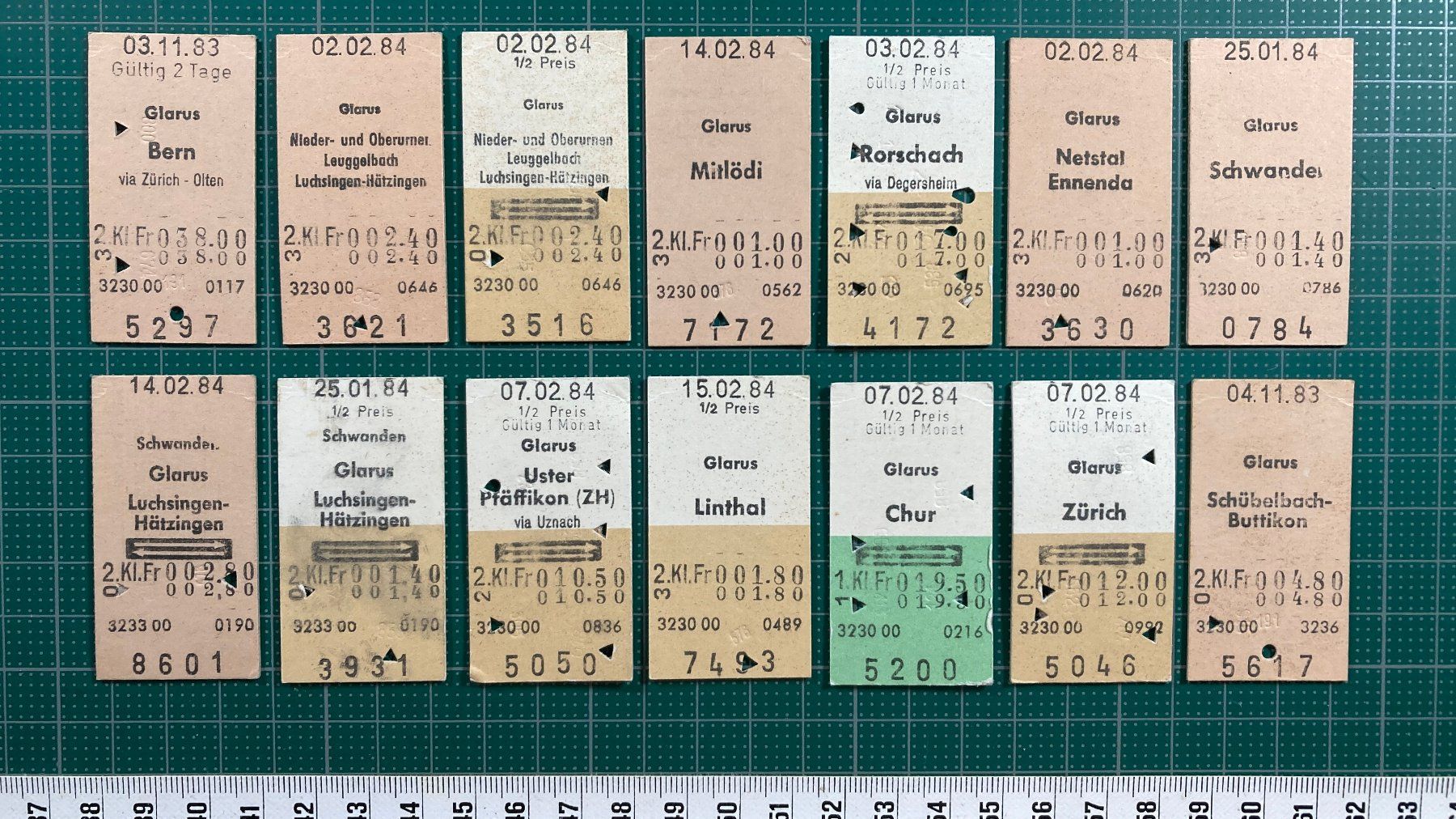 Tickets: Glarus, 14 Edmondsonsche Bahn Billette, 1983 / 1984, SBB – Gebraucht aus Lenzburg von fh1