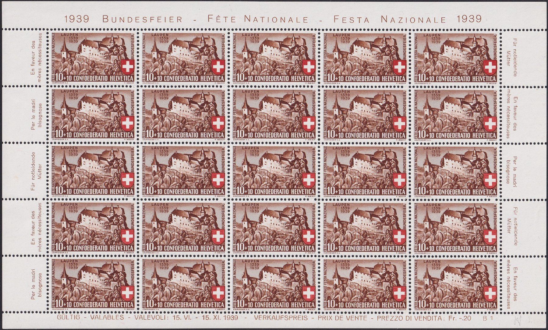 Tutti i francobolli: 1939, B2 Bogen mit Abart B2.2.01 postfrisch **. Kat: 63.-+ – Usato da Sursee venduto da Luzernerraute