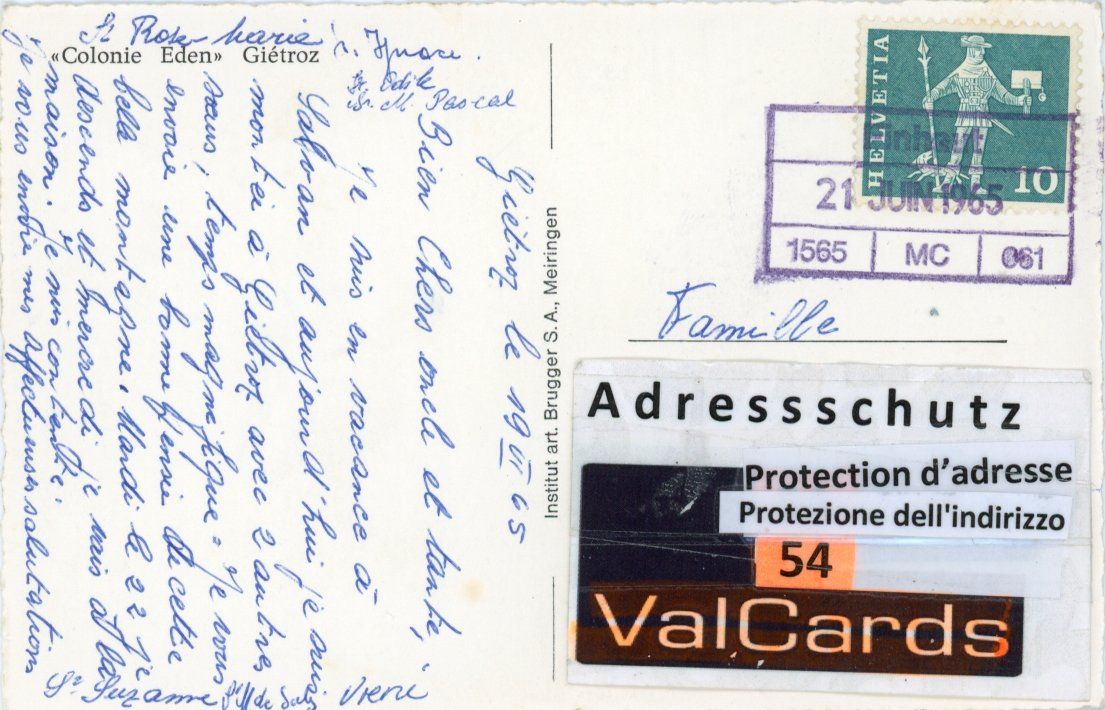Cartoline postali: Giétroz   VS   -   "Coloniee EDEN"      en 1965 – Usato da Brig venduto da Valcards54 2