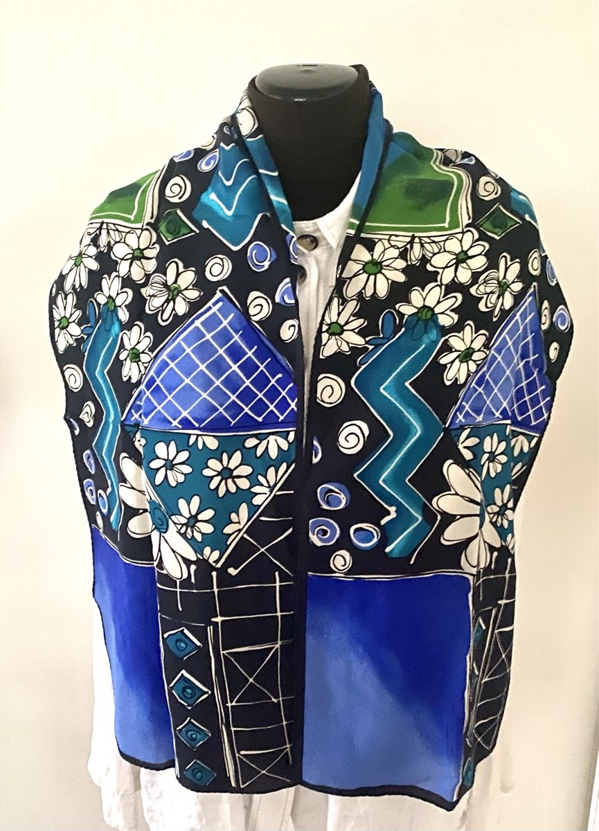 Foulards & écharpes: Künstlerischer Seidenschal Patchwork Blumen Blau 27x145cm – D'occasion à Jona par Flamingoo 1