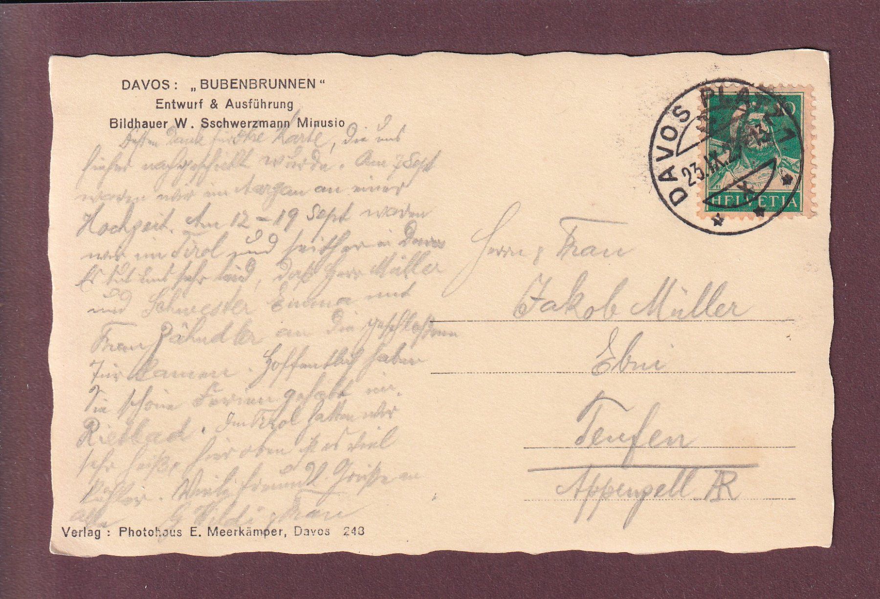 Ansichtskarten: DAVOS - Bubenbrunnen - 1929 – Gebraucht aus Pully von nicecards 1
