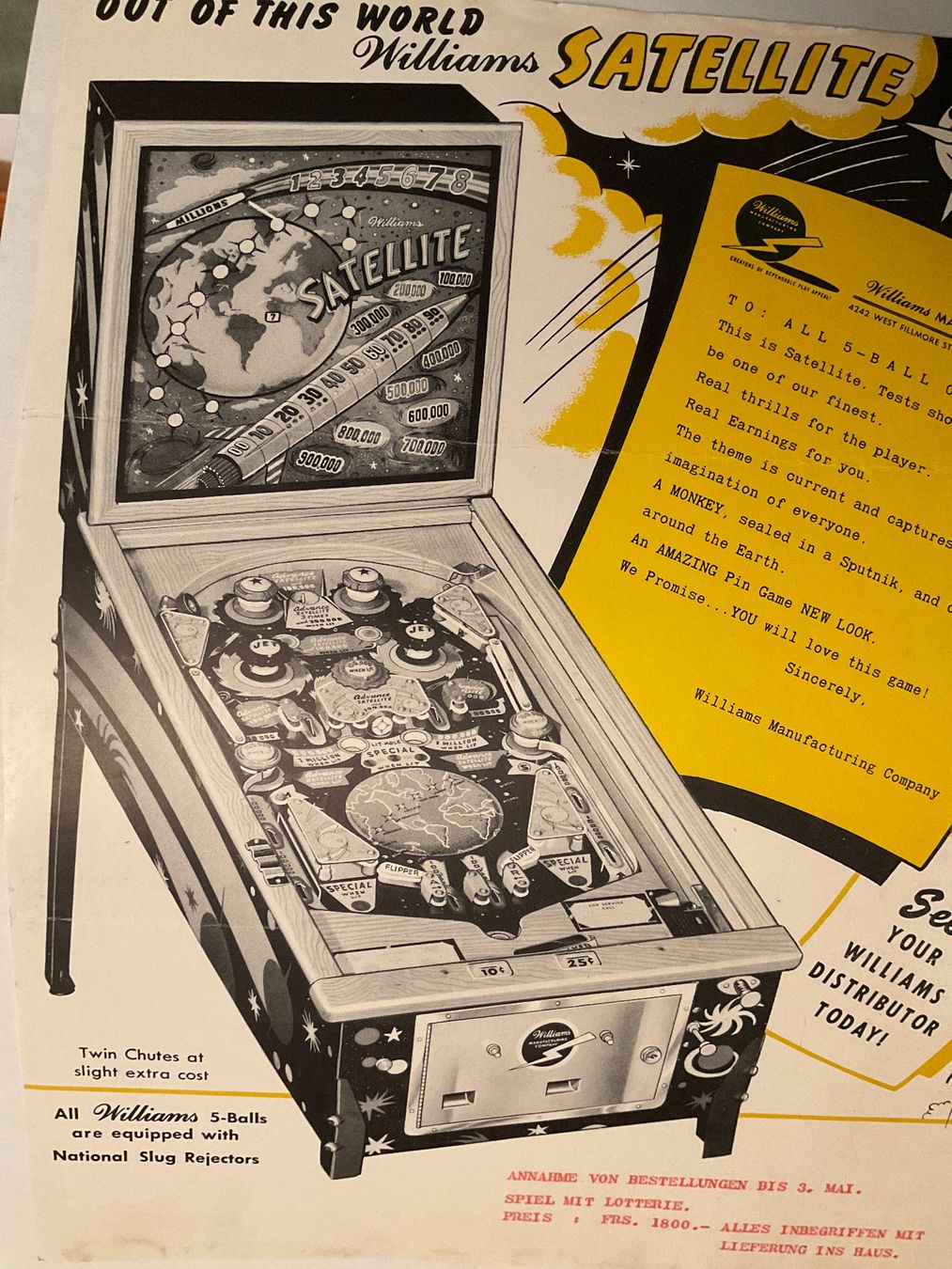 Documenti: Werbeblatt: Williams Satellite-Flipperautomat 1960 – Usato da Tecknau venduto da bleilaus