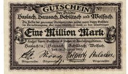 Haslach Hausach 1 Mil.Mark 18.08.1923 VZ-VZ+ +Stempel