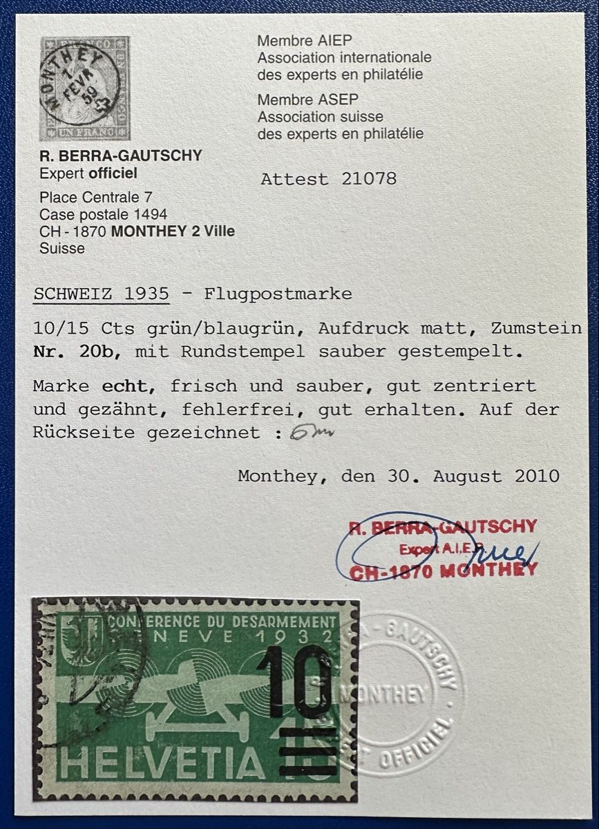 Tous les timbres: Flugpostmarke mit Attest  – D'occasion à Duebendorf par 69R81y 1