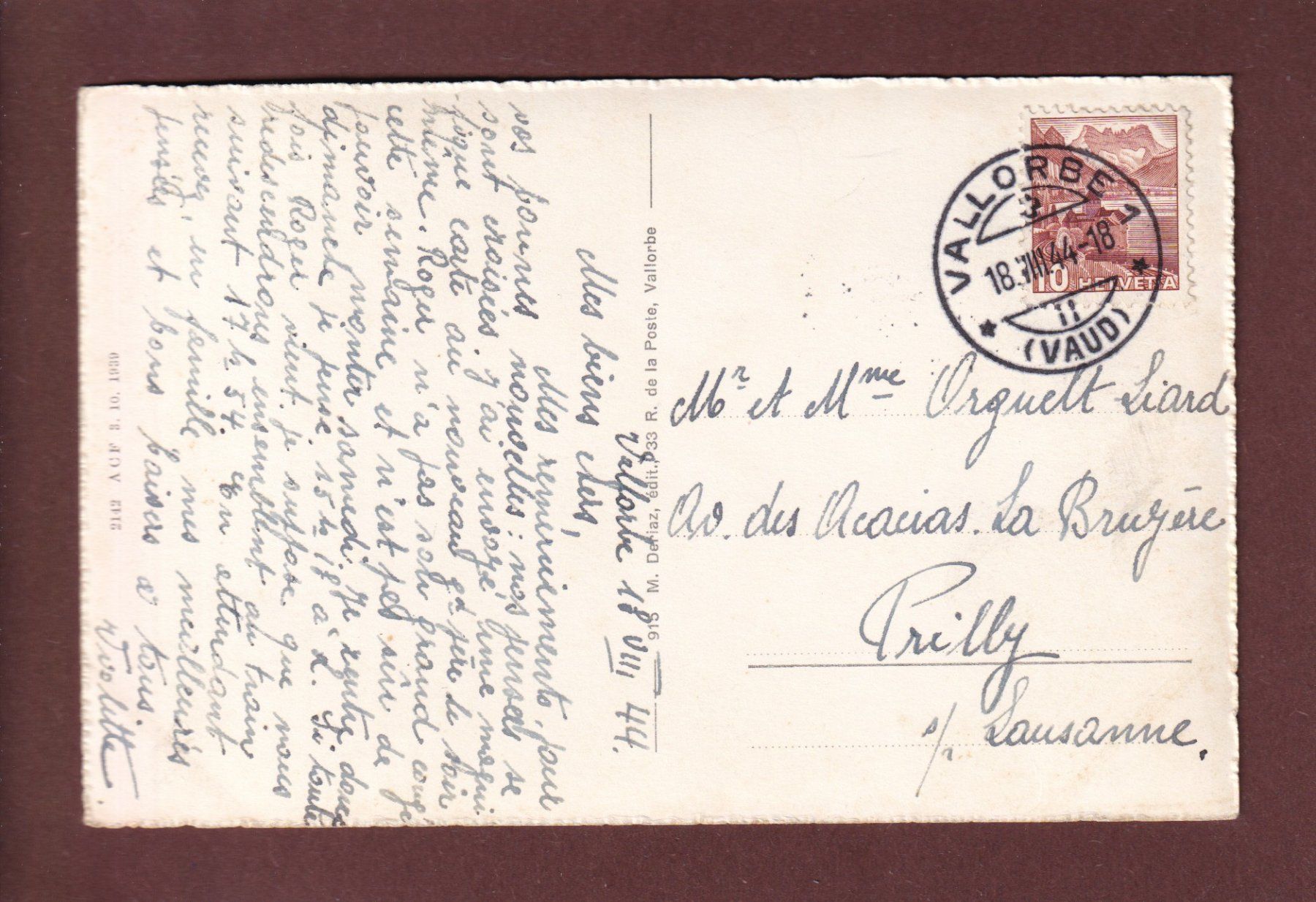 Cartoline postali: VALLORBE - 1944 – Usato da Pully venduto da nicecards 1