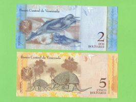 Venezuela Banknoten, 2 und 5 Bolivar, Top Zustand!