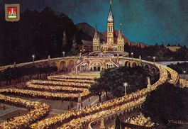 1988 Lourdes erleuchtete Basilika Postkarte