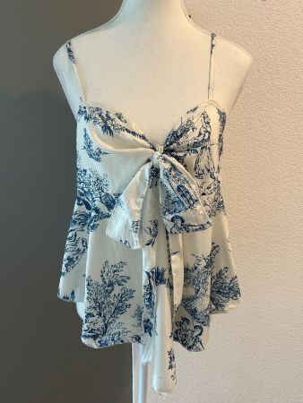 Top mit Schleife ecru  und blauem Muster Gr. L