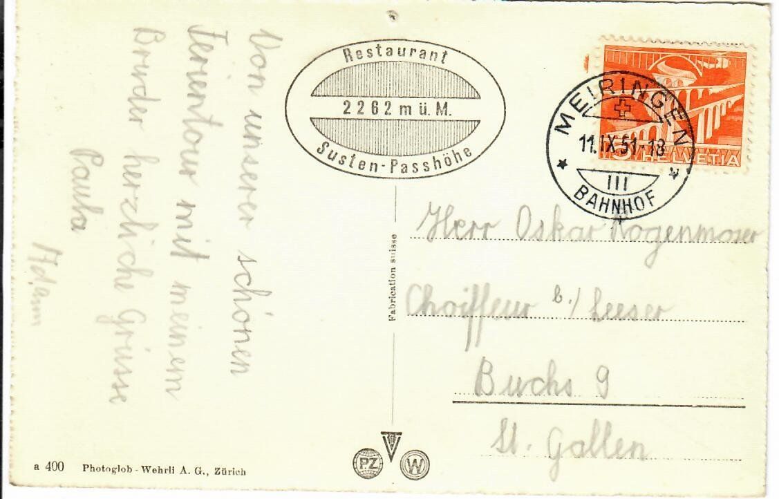 Ansichtskarten: Wendenplatte - Sustenstrasse  1951 – Gebraucht aus Hochdorf von Ziegel-16 1