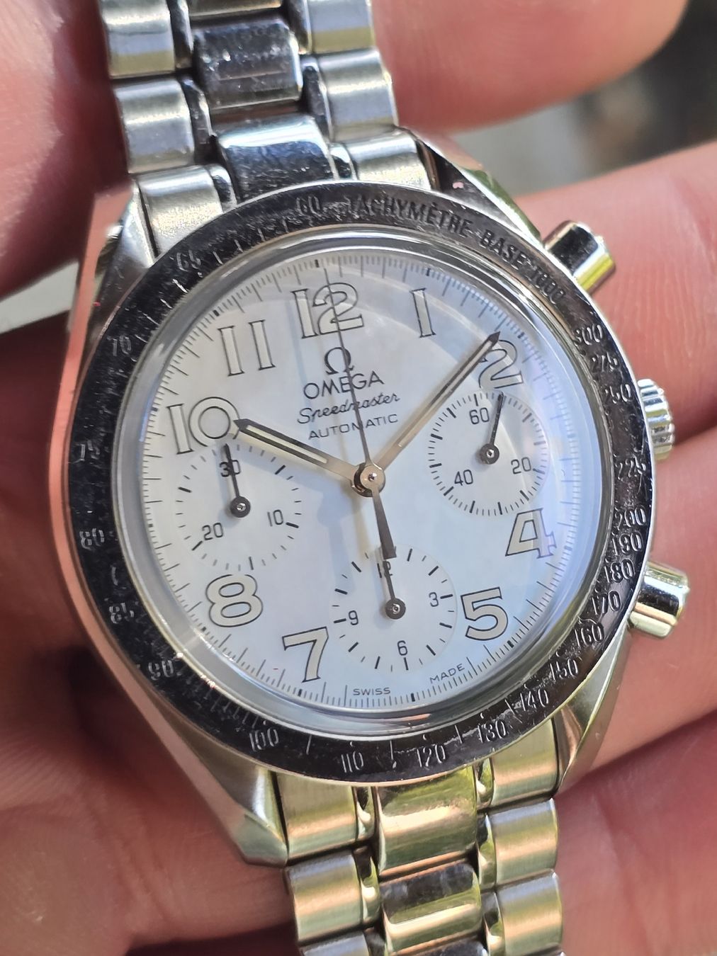 Omega Orologi: Omega Speedmaster mit MOP (Perlmutt) Ziffernblatt – Usato da Mühlethal venduto da m4_bert