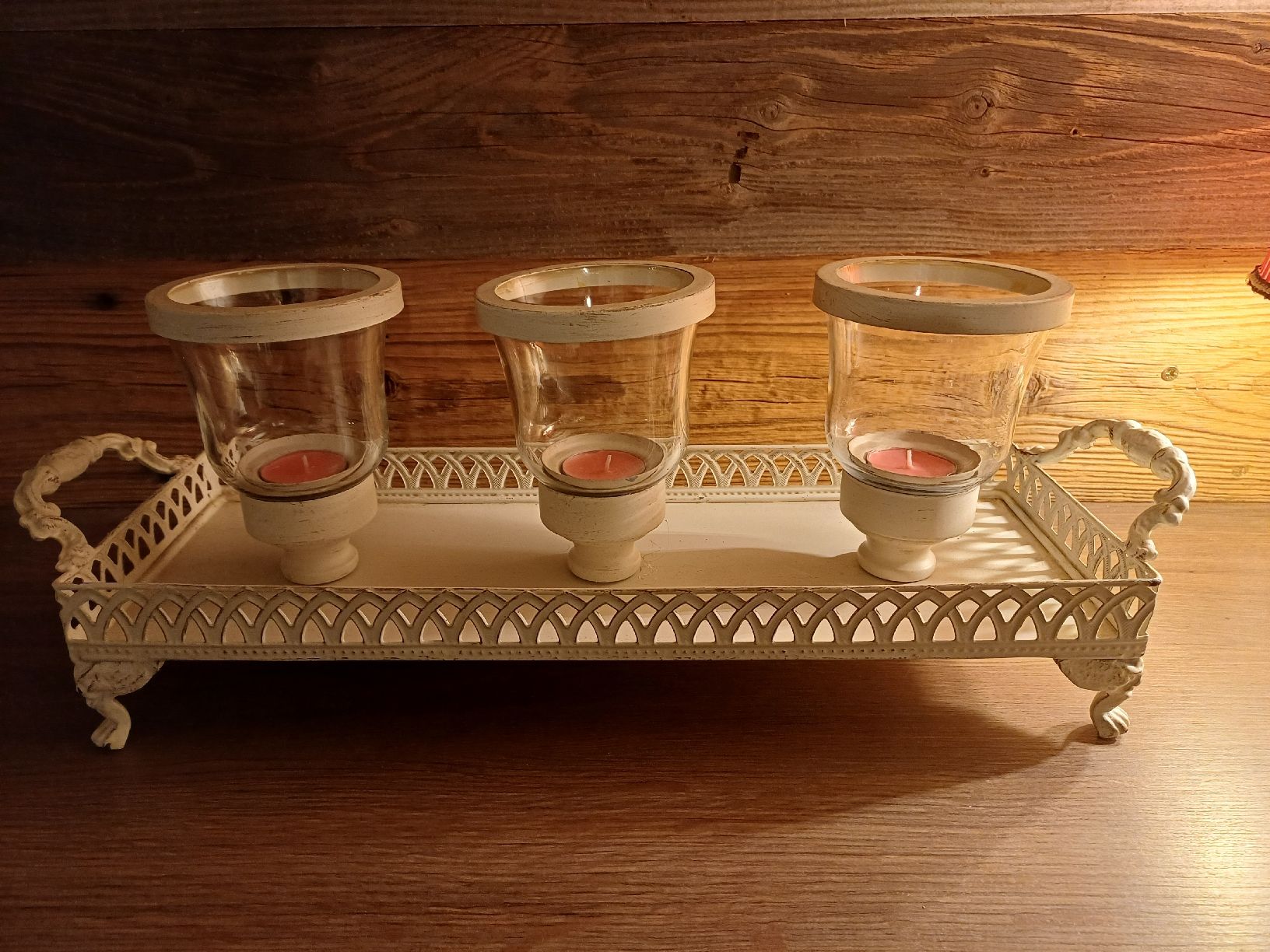 Kerzenständer: Windlicht-Set mit Tablett, Vintage-Look, Metall / Glas – Gebraucht aus Nassen von verrueckt