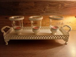 Windlicht-Set mit Tablett, Vintage-Look, Metall / Glas