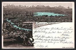 Litho Zürich, Totalansicht mit See und 