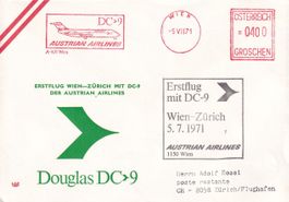 Erstflug AUA DC-9 Wien - Zürich 1971, Firmenfreistempel !