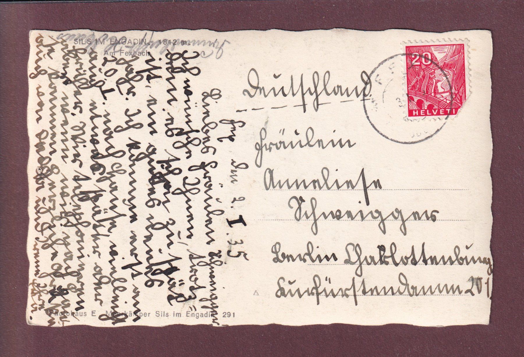 Cartoline postali: SILS - Am Fexbach - 1935 // Loch // – Usato da Pully venduto da nicecards 1