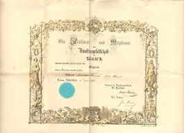 Urkunde Künstlergesellschaft Zürich 1868 Oberst J.K. Wolff