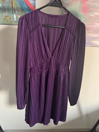 Purple Plissé Long Sleeve Mini Dress Size M/38