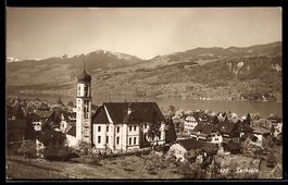 AK Sachseln, Ortspartie mit Kirche aus der Vogelschau